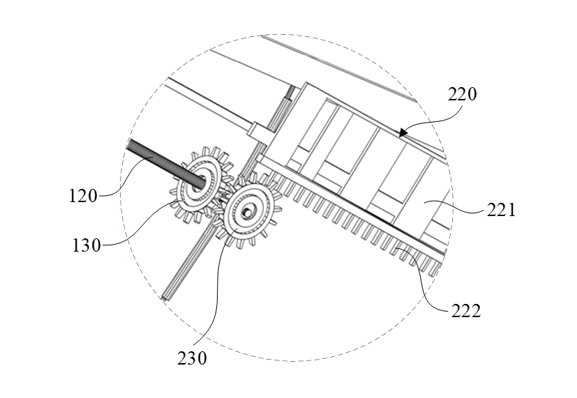 Enlarged gear mechanism showing the rotational rod, main gear, assisting gear, and finger rack.